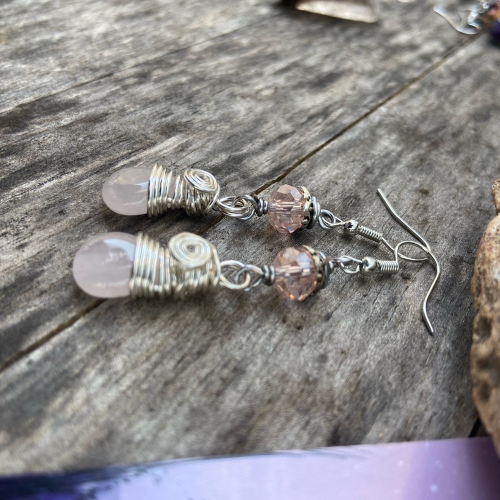 Wire Wrapped Rose Quartz Briolette Dangle Earrings - Handmade - Picture 3 of 10